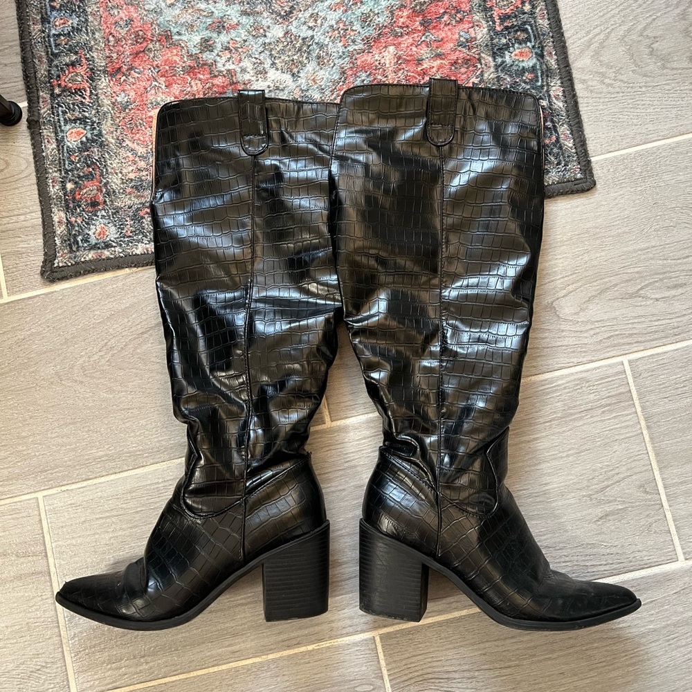 Black Croc-Embossed Knee-High Boots
